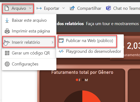 Captura de tela da configuração de Publicar na Web do Power BI