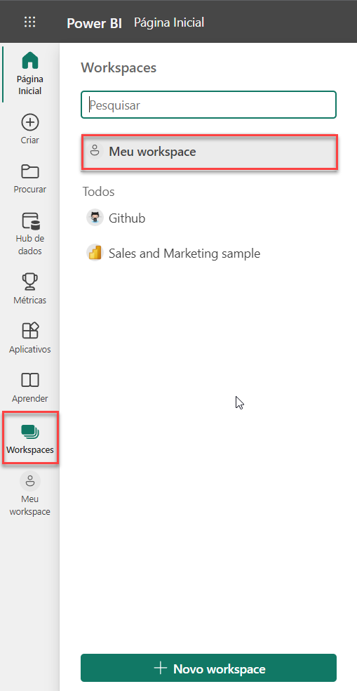 Captura de tela do menu do Power BI Service, destacando a opção Workspaces.