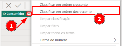 Captura de tela da janela de opções de coluna do Power BI, destacando as opção de classificação em ordem crescente e decrescente.