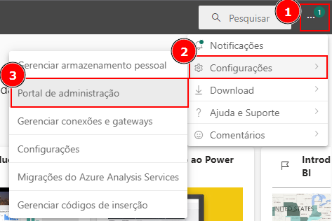 Captura de tela da opção de Configuração, especificamente Portal de administração