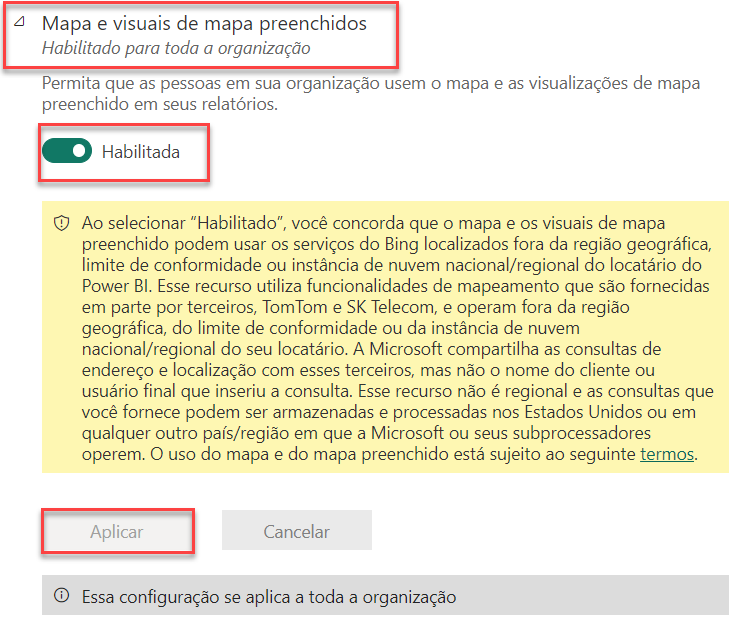 Captura de tela da opção de Mapa e visuais de mapa preenchidos, que está habilitada