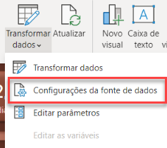 Captura de tela da janela de opções de transformação de dados, com destaque para a opção de Configurações da fonte de dados.