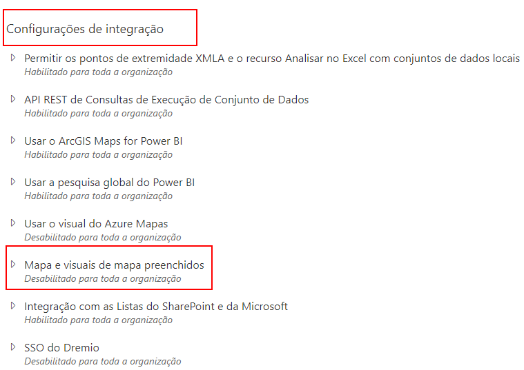 Captura de tela da seção de Configuração de integração, mostrando algumas das suas opções, com destaque para a opção de Mapa e visual de mapa preenchidos