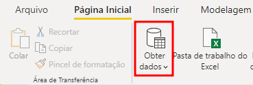 Imagem da barra de opções do Power BI, com fundo cinza. Acima, temos as abas de cada tipo de opção, e estamos na barra de Página Inicial. Nesta barra, temos algumas opções, com seus respectivos ícones, dentre elas, a de Obter Dados, que possui o ícone de um cilindro e uma tabela pequena abaixo. Além disso, esta opção está destacada com um retângulo vermelho