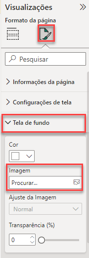 Captura de tela da opção de Tela de fundo, em que podemos procurar por imagem para colocar como plano de fundo do canvas do Power BI.