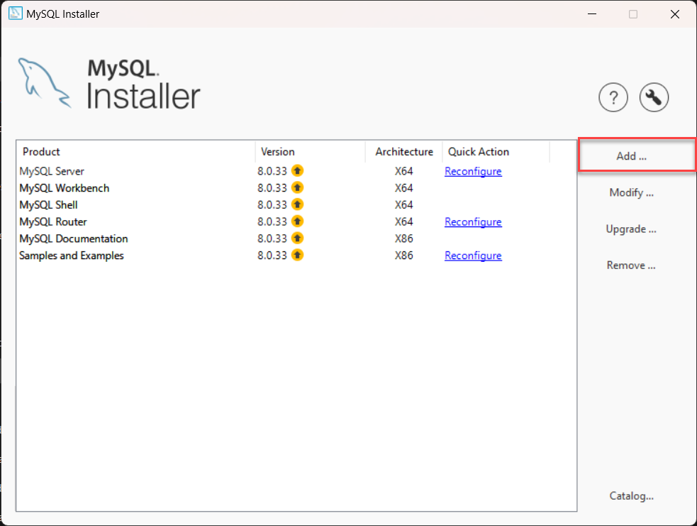 Captura de tela da tela inicial do MySQL Installer, com os componentes instalados e com o botão de adicionar um novo componente destacado com um retângulo vermelho, localizado no canto superior direito.