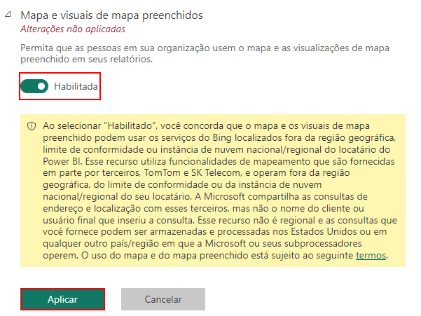 Captura de tela da opção de Mapa e visuais de mapa preenchidos, com o campo para habilitar a opção e aplicar.