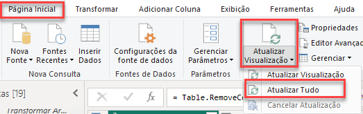 Captura de tela da barra de opções do Editor do Power Query, com fundo cinza. Acima, temos as abas de cada tipo de opção, e estamos na barra de Página Inicial. Nesta barra, temos algumas opções com seus respectivos ícones, dentre elas, na seção de Consulta, temos a de Atualizar Visualização.