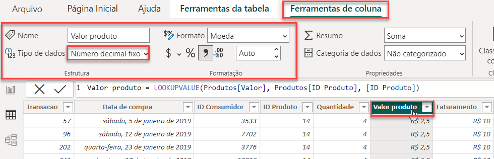 Captura de tela da barra de ferramentas do Power BI, na seção de Ferramentas de coluna, na área de Estrutura e Formatação, com destaque para o campode definição de Tipo de dados, para a coluna Valor produto