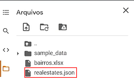 Captura de tela da barra lateral de arquivos, em destaque o arquivo realestates.json, com um retângulo vermelho