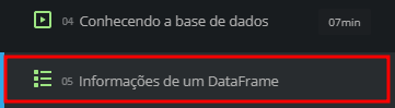 Imagem com fundo preto de duas sessões de um curso da Alura, uma sobre aula e outra sobre exercício. A sessão sobre exercício está destacada por um retângulo vermelho.