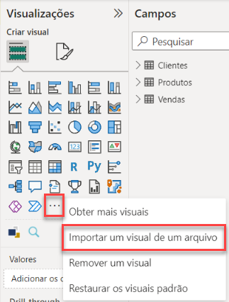 Captura de tela do menu lateral de Visualizações do Power BI, com destaque para o botão de três pontinhos e a opção de importar visual.