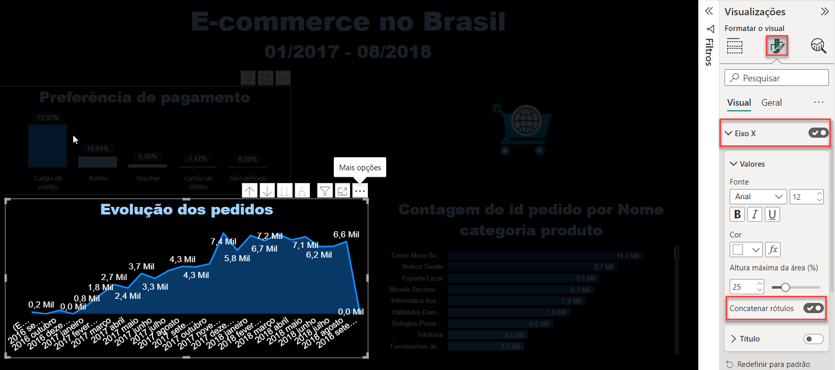 Captura de tela da configuração de concatenar rotulo, no menu de visualizações, no Power BI.