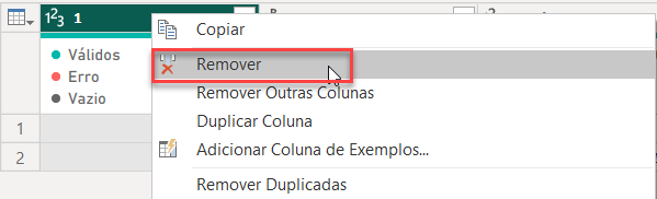 Captura de tela da configuração da coluna, com destaque para a opção de Remover.