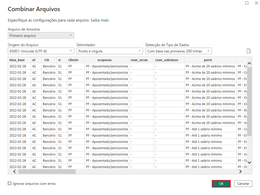 Captura de tela da janela de Combinar Arquivos, em que temos a tabela prévia das planilhas combinadas. Abaixo, temos o botão de OK, destacado com um retângulo vermelho