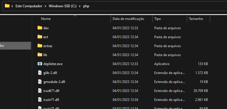 Imagem do Windows explorer, com fundo na cor preta, mostrando os arquivos do PHP que estão contidos na pasta "php" no Disco Local C