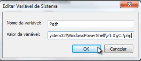 Janela de Editar variável de sistema do Windows, tela com fundo cinza, na janela há duas opções: "Nome de variável" e "Valor da variável", com destaque na opção "Valor da variável", em que estamos adicionando o caminho do PHP