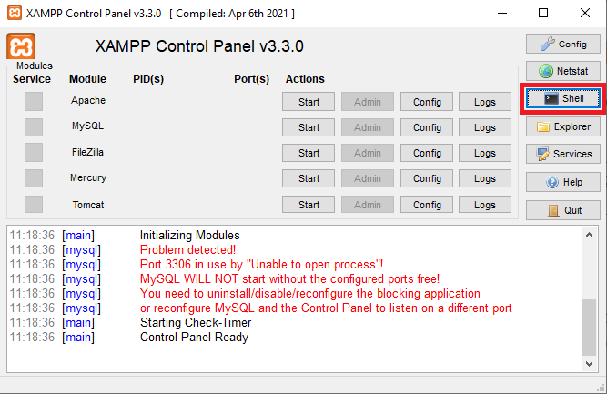 Painel de Controle do XAMPP, fundo cinza, onde há uma caixa vermelha em destaque no botão "Shell"