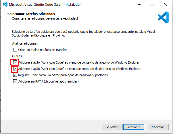 Janela do Instalador do VSCode, fundo branco. Com destaque para duas opções que devem estar selecionadas: 1ª Adicionar a ação abrir com Code no contexto de arquivo. 2ª Adicionar a ação abrir com Code no contexto de diretório.