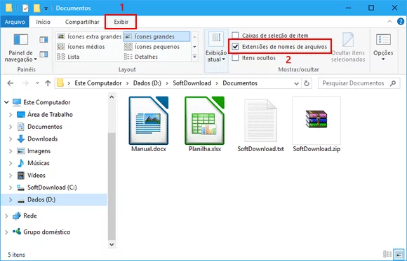 Imagem mostrando o explore do windows, onde o primeiro passo é clicar na opcao exibir, e depois na opcao extensoes de nomes de arquivos