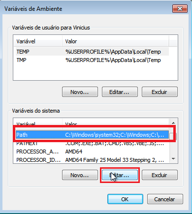 Imagem da janela das variáveis de ambiente do Windows, com fundo cinza e com opções de Váriaveis de usuário para Vinicius e com destaque de um retangulo vermelho na variável PATH da opção Variáveis de Sistema, além disso há foco de um retangulo vermelho na opção de editar.