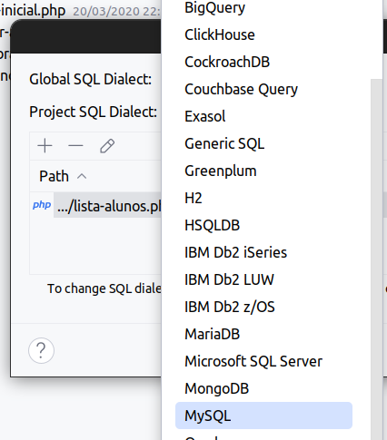 Janela com dialetos de SQL.