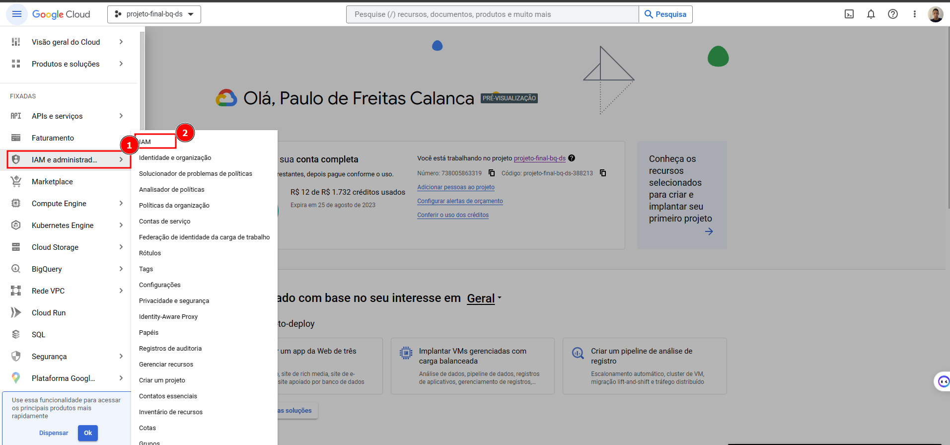 Imagem do menu lateral do Google Cloud, selecionando a opção IAM e administrador, isto abrira outra janela a direita, selecione a primeira opção IAM