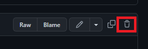 Imagem com print do menu superior direito de um arquivo do github. Está destacada com um quadrado vermelho um ícone de lixeira.