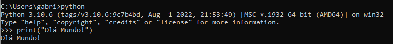 Imagem com print do Prompt de comando do Windows mostrando o Python sendo executado por linha de comando, aonde é usado o comando de print, que exibe na tela uma mensagem.