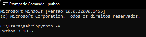 Imagem com print do prompt de comando do Windows. Mostra o comando python -V sendo executado e sua resposta, que é a versão instalada do Python.