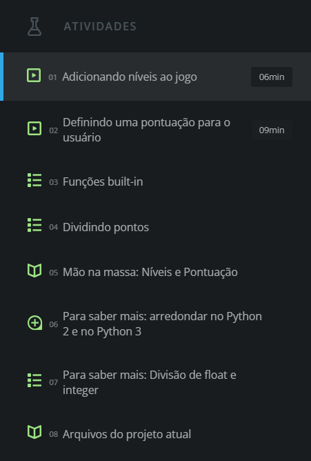 Imagem com print da lista de atividades de uma aula na plataforma Alura.