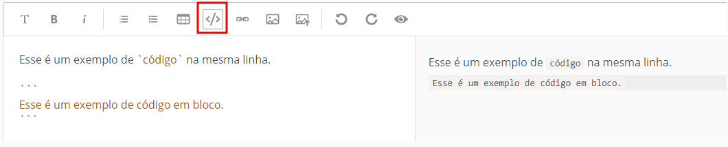 Imagem do print da caixa de texto do fórum. Nela temos um menu superior com treze opções. E nele temos selecionado de vermelho o botão de inserir código, que corresponde ao sétimo botão. Abaixo temos um exemplo de uso de código em linha e em bloco.