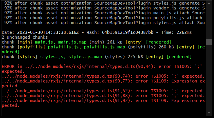 Imagem do terminal com erro 'ERROR in ../../node_modules/rxjs"