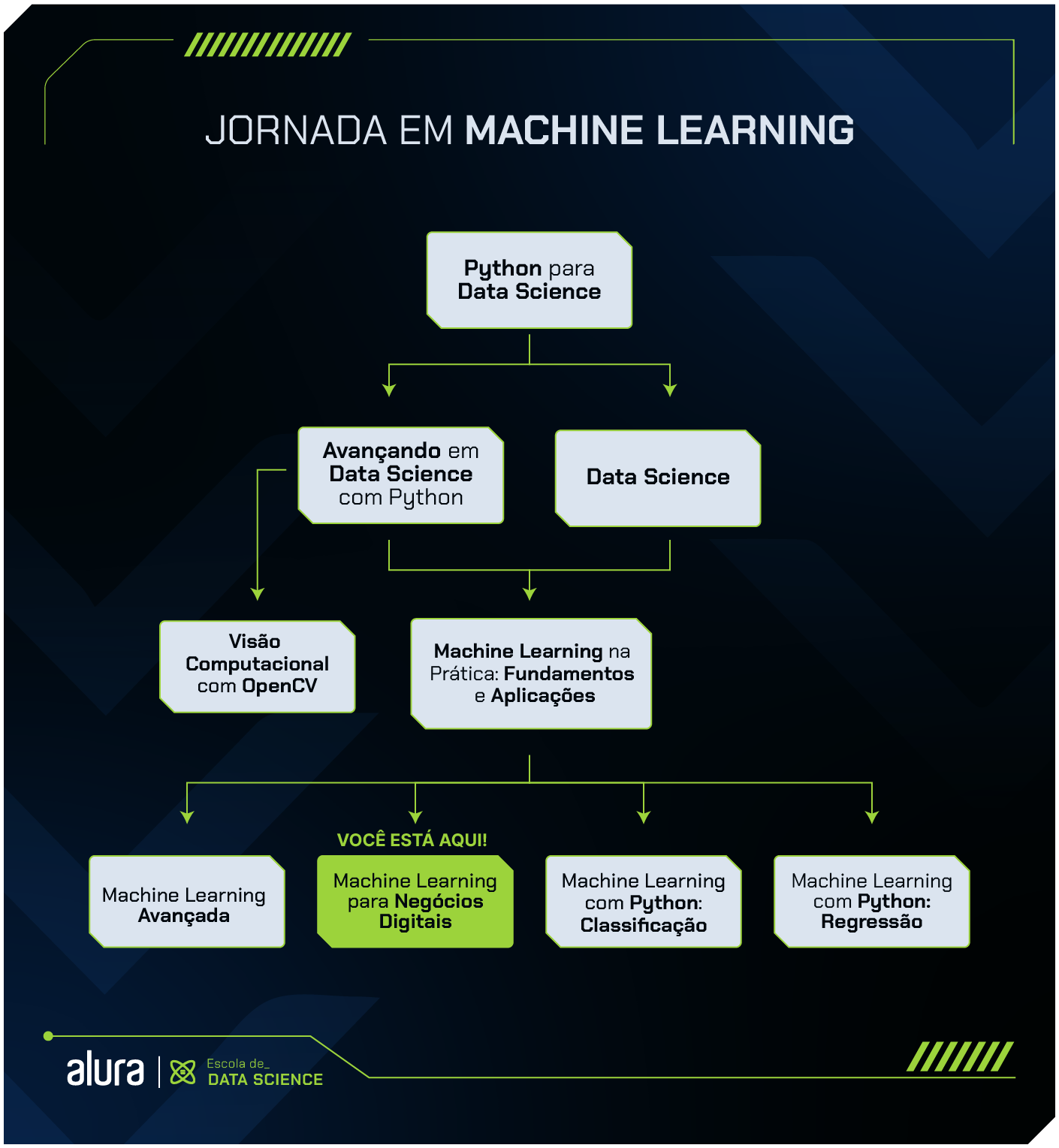 Para você se aprofundar e conhecer outras áreas do Machine Learning, na formação Machine Learning Avançada, você irá explorar áreas como Deep Learning, Processamento de linguagem natural (NLP) e Visão Computacional. Você também pode seguir para a formação Machine Learning com Python: Classificação, dando os primeiros passos em classificação, validação e métricas, resolvendo problemas multiclasse e otimização de modelos, aprendendo sobre dados multidimensionais, combinação de classificadores, como melhorar o desempenho com XGBoost e aprendizado semi-supervisionado. Por fim, a formação Machine Learning com Python: Regressão também é uma opção, onde você explorará diversas técnicas de regressão, desde as mais básicas até as avançadas, utilizando bibliotecas poderosas do Python.