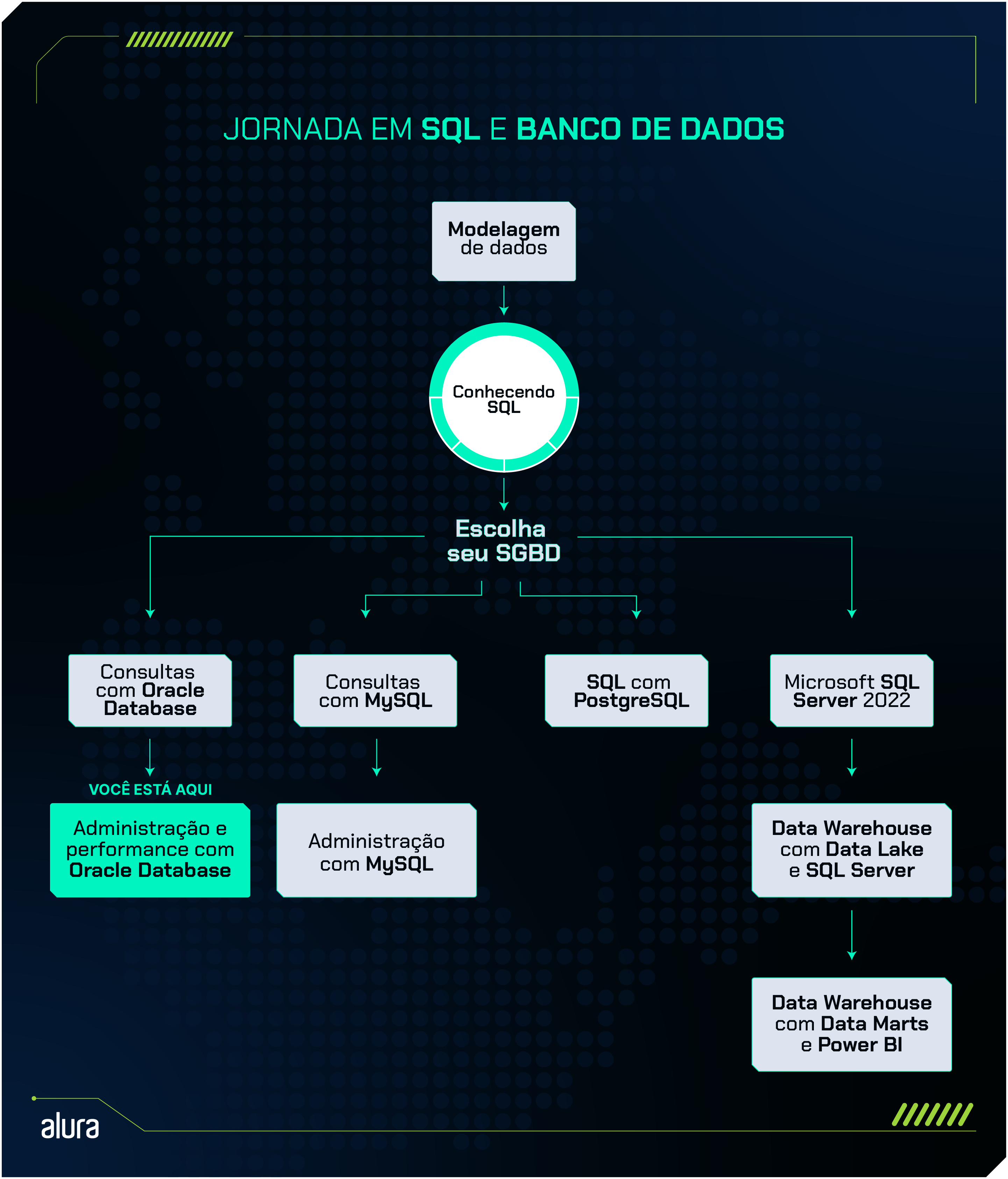 Se você está com dúvida de qual sequência seguir nas formações de SQL e banco de dados, sugerimos que comece seus estudos pela formação Modelagem de dados, em seguida, faça a formação Conhecendo SQL e depois avance de acordo com o SGBD de sua preferência