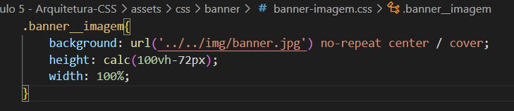 print do codigo: .banner__imagem{ background: url('../../img/banner.jpg') no-repeat center / cover;height: calc(100vh-72px); width: 100%;}