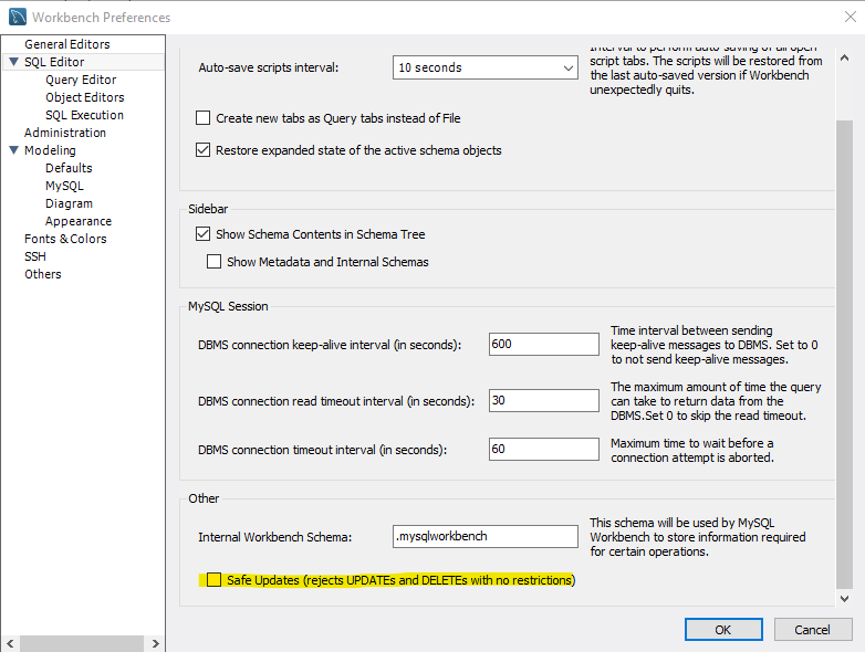 Imagem com janela de Preferences -> SQL Editor para configurar opção Safe Updates