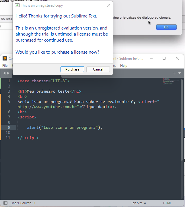 Mensagem no Sublime Text