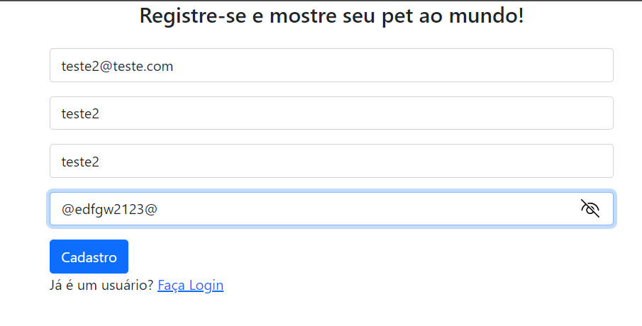 Registro de usuário com senha em caracteres