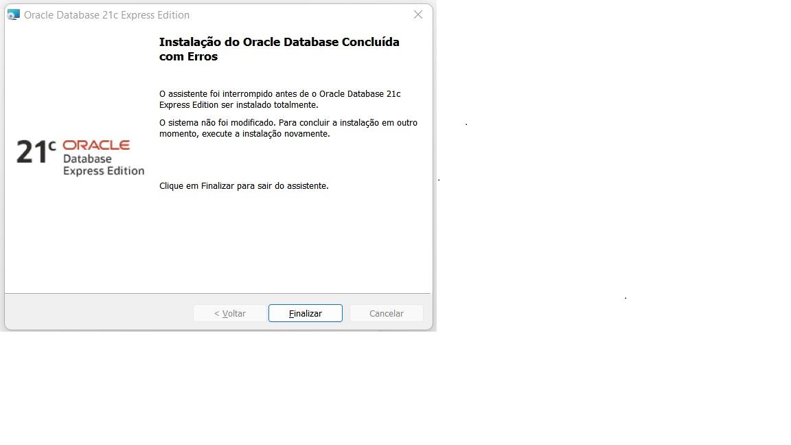 Instalação Oracle Database concluída com erros