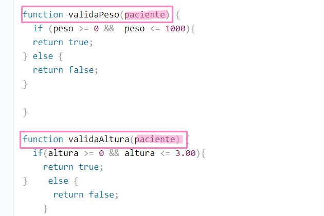 print do trecho do código com destaque para o parâmetro paciente usado nas funções validaPeso() e validaAltura()