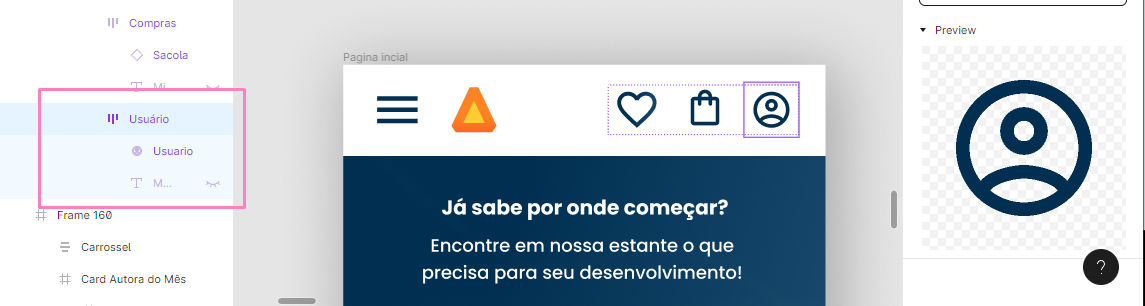 Print do projeto no Figma, mostrando o preview da layer do ícone de usuário mais um frame