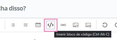 print da caixa de ferramentas de texto do forum da Alura, com destaque para a ferramenta de inserção de código, representada por um sinal de menor, uma barra na diagonal e um sinal de maior