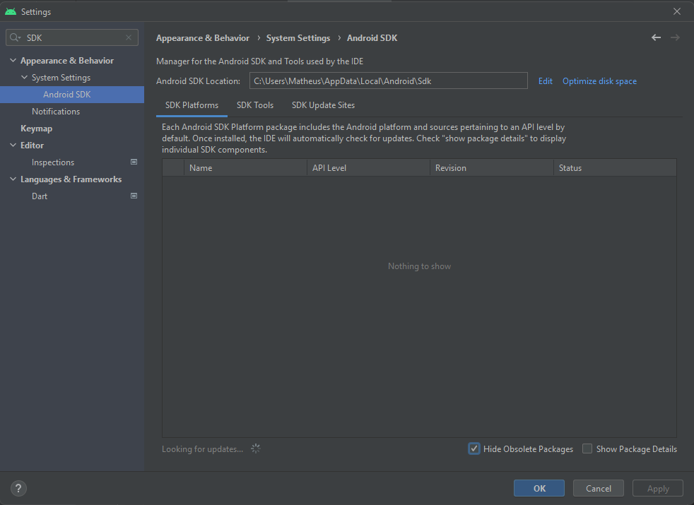 Tela de configuração do Android studio, com o termo SDK pesquisado