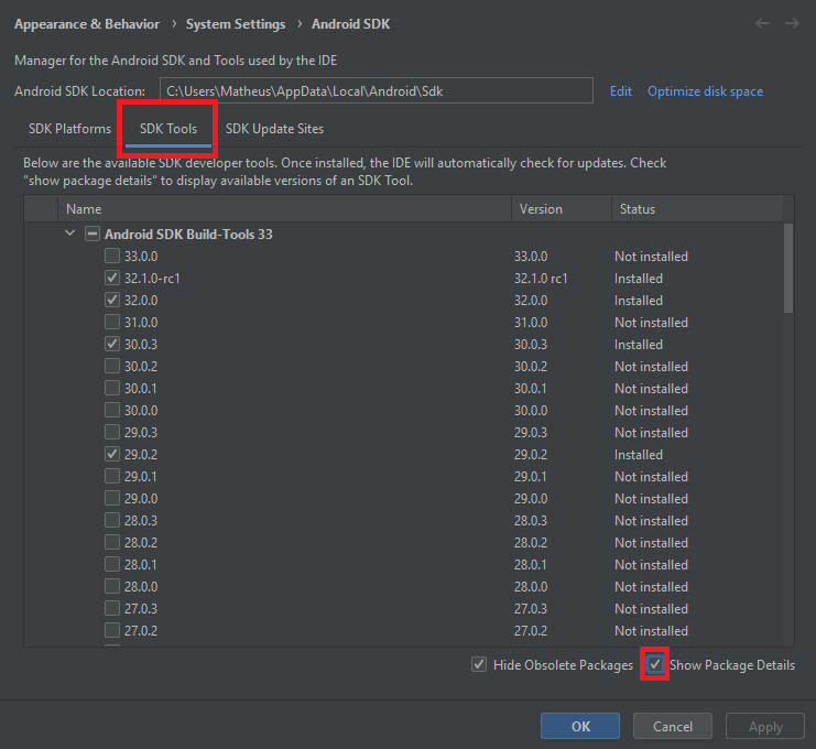 Configurações do Android SDK dentro do Android Studio, aberto na aba SDK Tools e com a opção Show Package Details selecionada