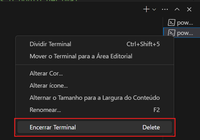 Zoom no terminal do VSCode com fundo preto. Um menu está aberto e a opção "encerrar terminal" está destacada em vermelho