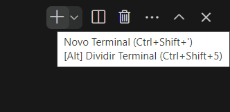 Zoom no terminal do VSCode com fundo preto. O sinal + está destacado e um balão de informações aparece para criar um novo terminal