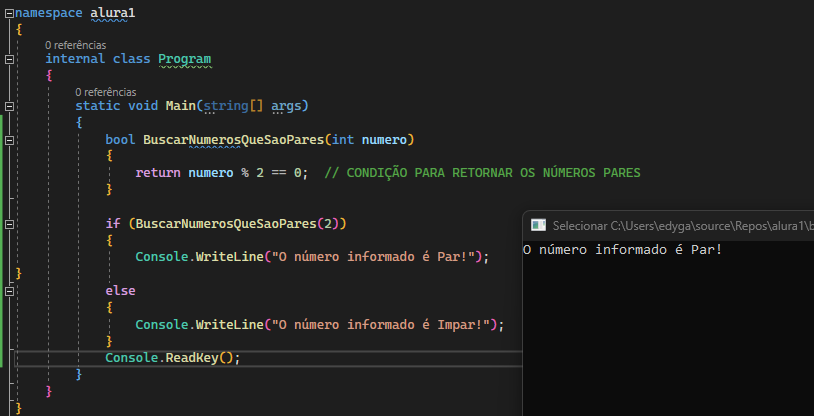 Imagem do Visual Studio com o trecho de código dando a definição do Método que retorna true para numeros pares.