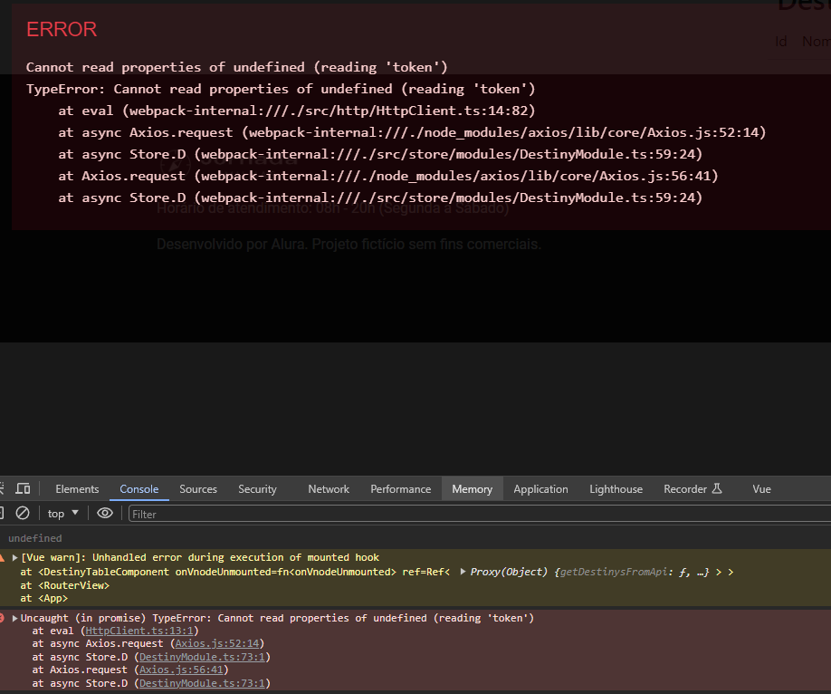 Imagem do console retornando o undefined para o token buscado no módulo pela configuração do interceptors