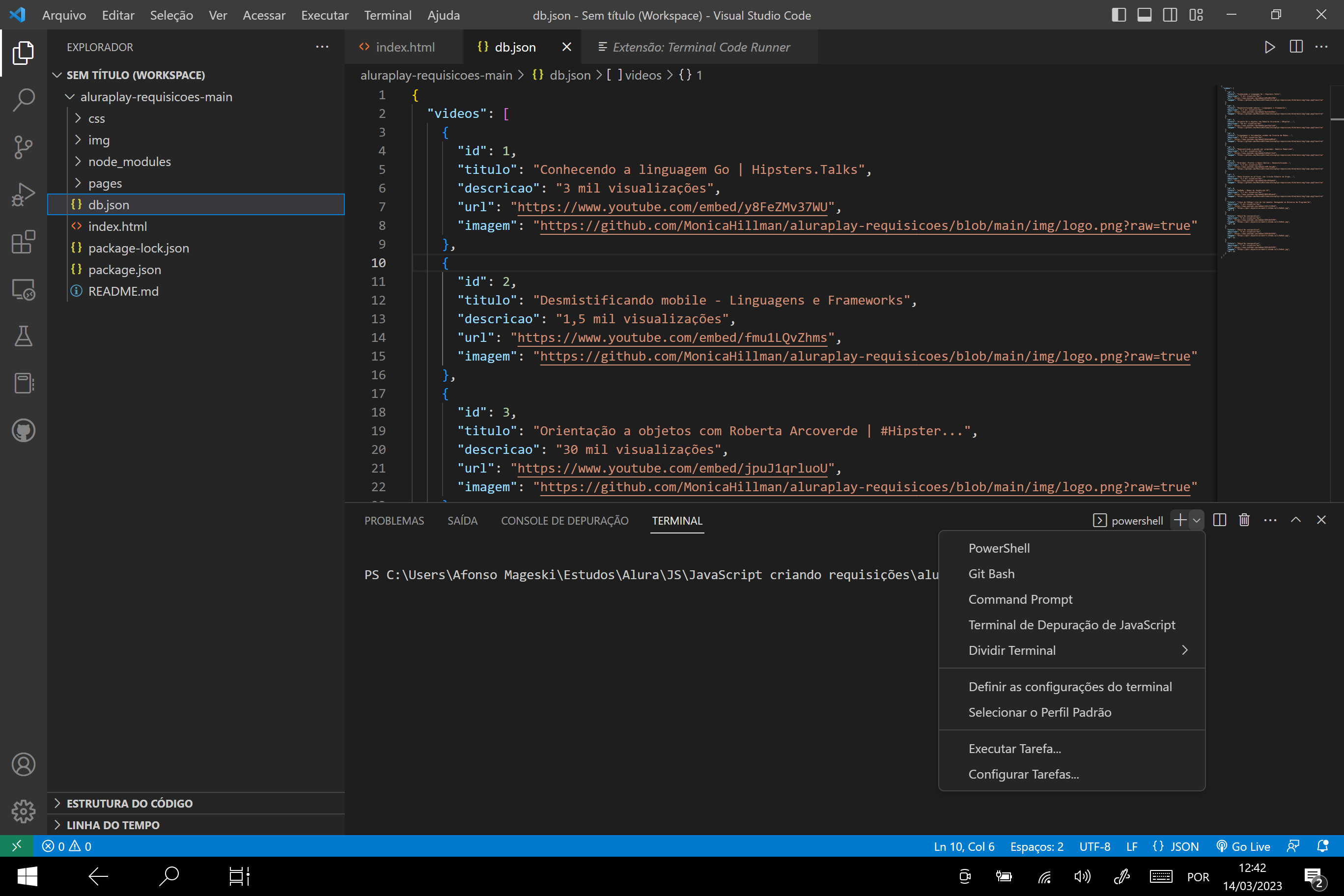 Screenshot do programa VSCode sem a opção para utilizar o Node.JS